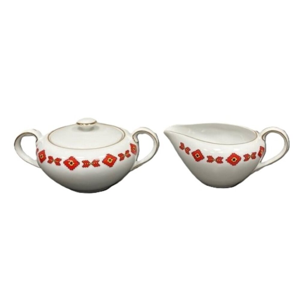 Vintage Meito White Porcelain Red Aztec Boho Design Cream and Sugar Pot Japan